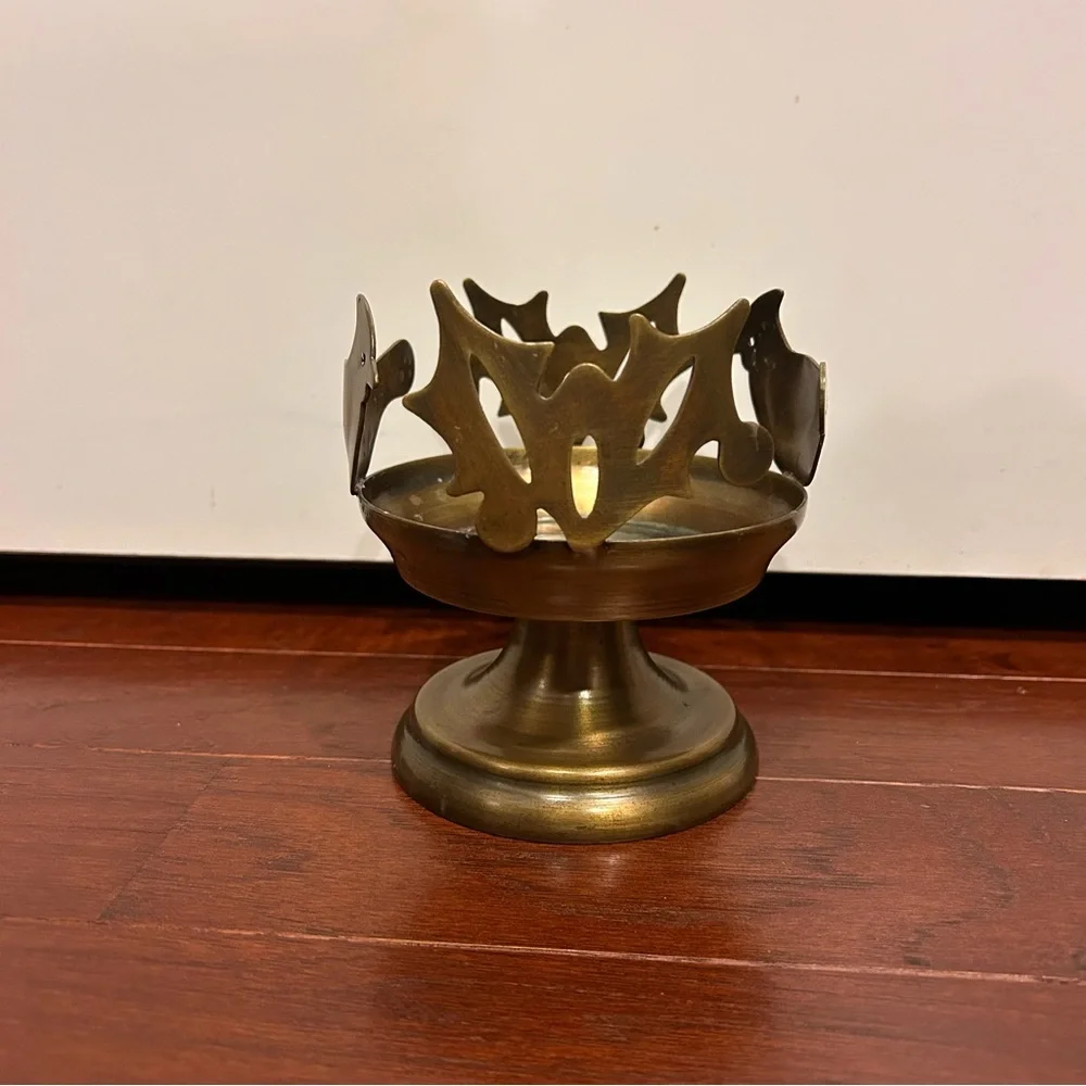 Vintage Brass Birds Flower Pedestal Decorative Tray Candle Holder Cutout Rim